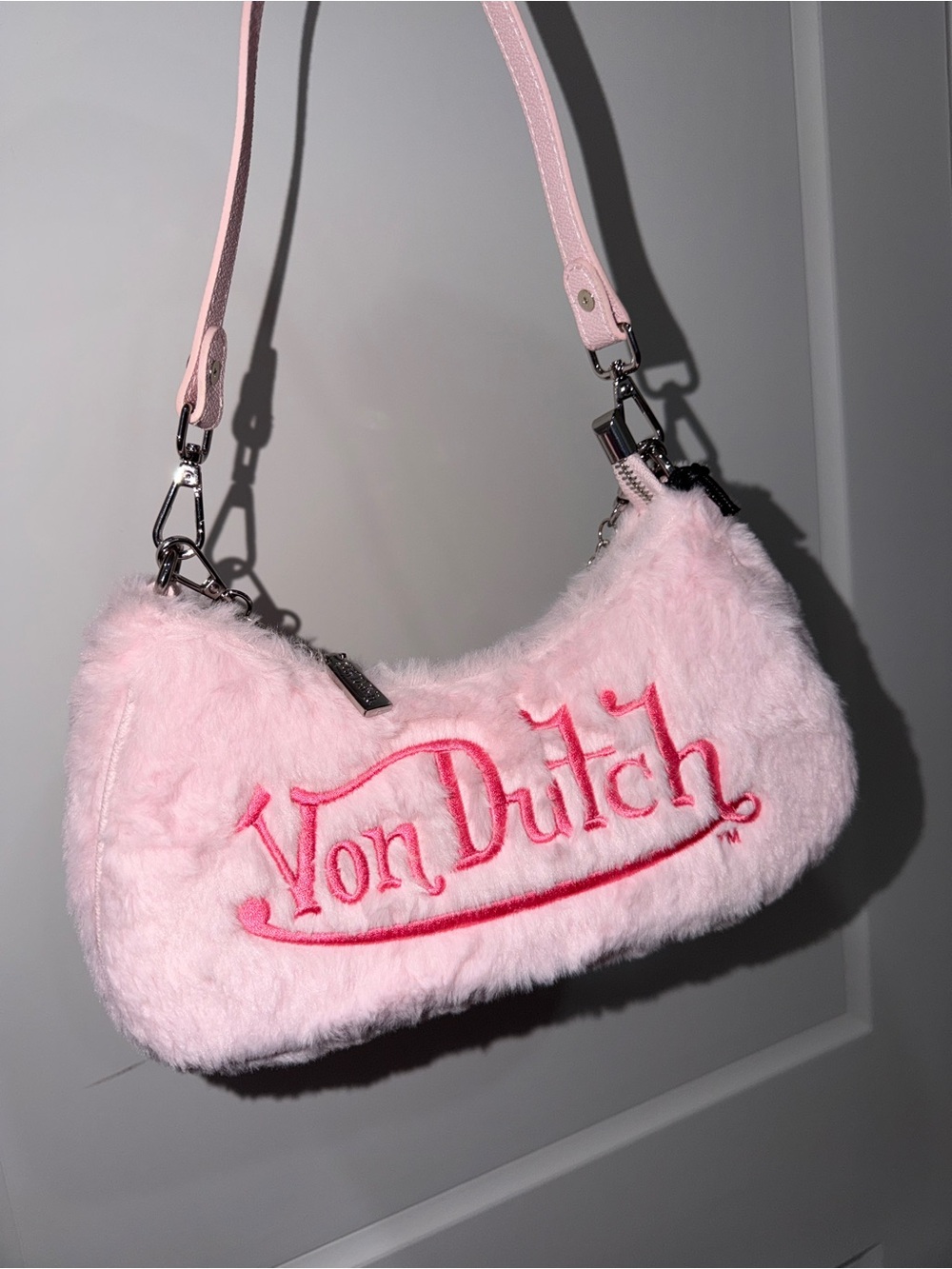 Von Dutch Light Pink Faux-Fur Shoulder Bag with Hot Pink Logo
